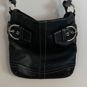 Coach classic Black Leather Shoulder Bag with Silver Buckle Accents